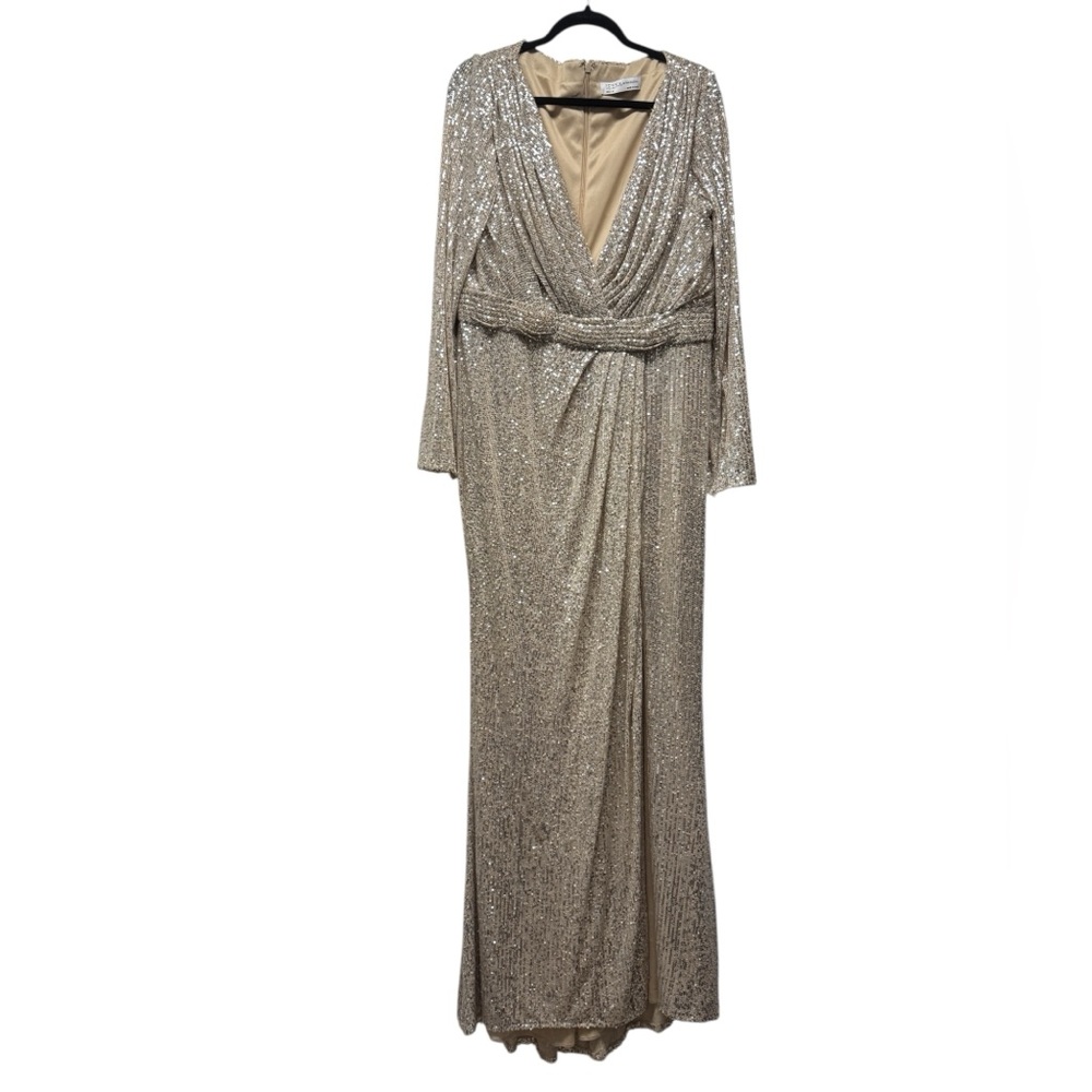 Long Sleeve Silver Sequin Wrap Gown with High Slit - Picture 4 of 8